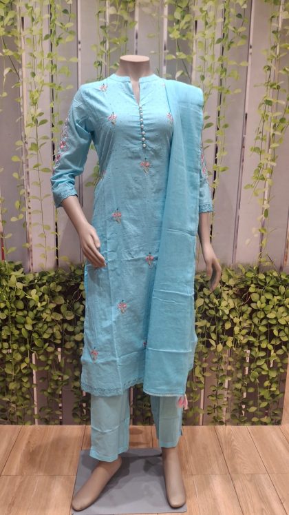 Blue Cotton Dobby Embroidered Straight-Cut Kurti & Pant Set