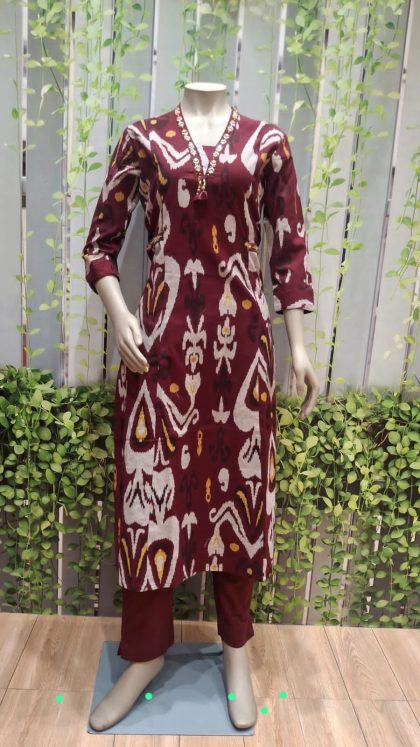 Maroon Ikat Print Cotton Co-Ord Set
