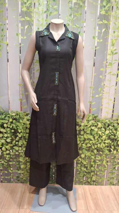 Midnight Black Button-Down Kurti Set