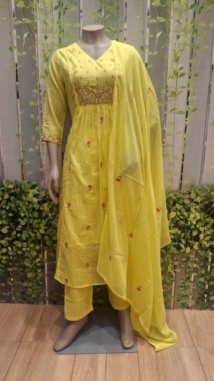 Yellow Mul Cotton Embroidered Ghera Kurta Set with Dupatta