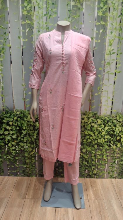 Peach Cotton Dobby Embroidered Straight-Cut Kurti & Pant Set