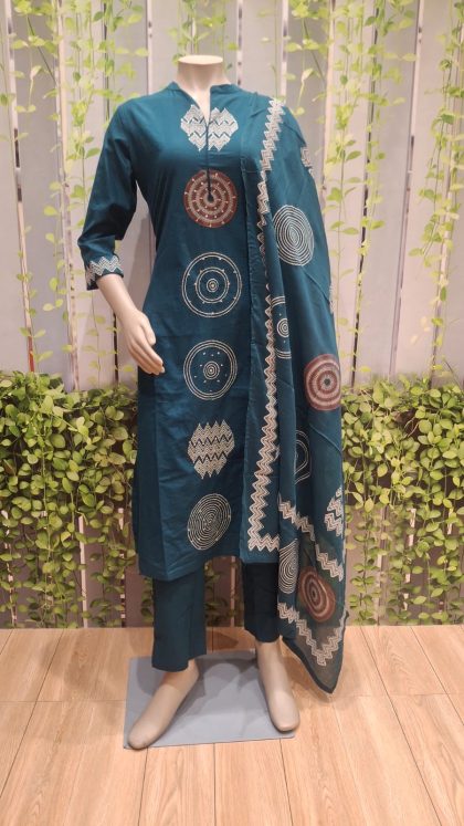 Teal Blue Circular Print Kurti Set