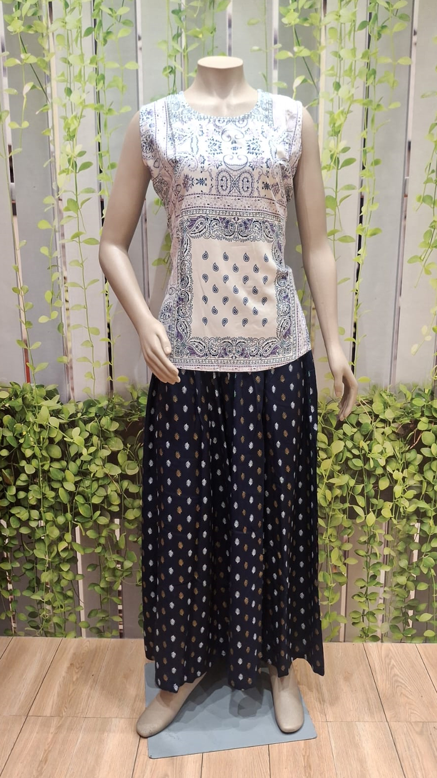 White Printed Top with Black Palazzo