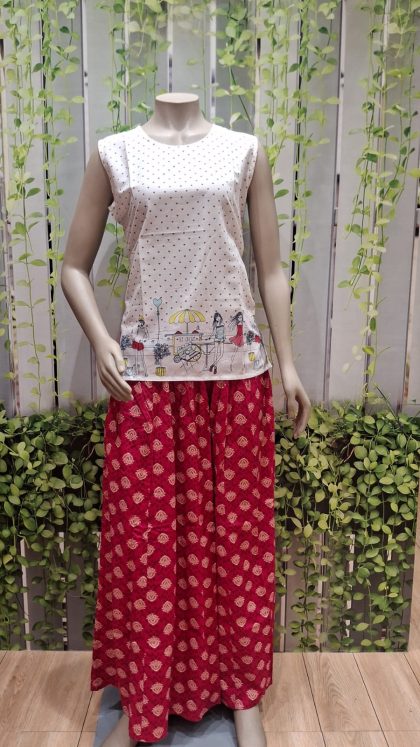 White Top with Red Printed Palazzo