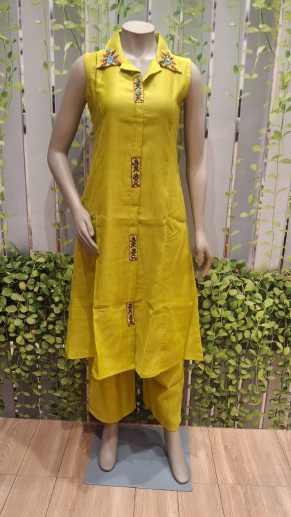 Yellow Cotton Dobby Embroidered Straight-Cut Kurti & Pant Set